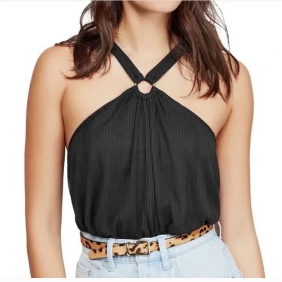 Free People Neon Coral Crop Top Ring Halter Front Retro 70's Medium - Picture 8 of 9